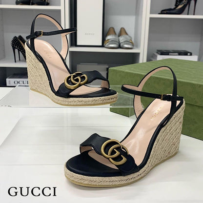 Gucci Leather Double G Wedge Sole Espadrille Sandals Black