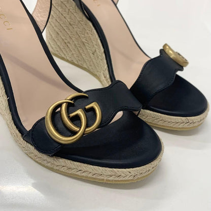 Gucci Leather Double G Wedge Sole Espadrille Sandals Black