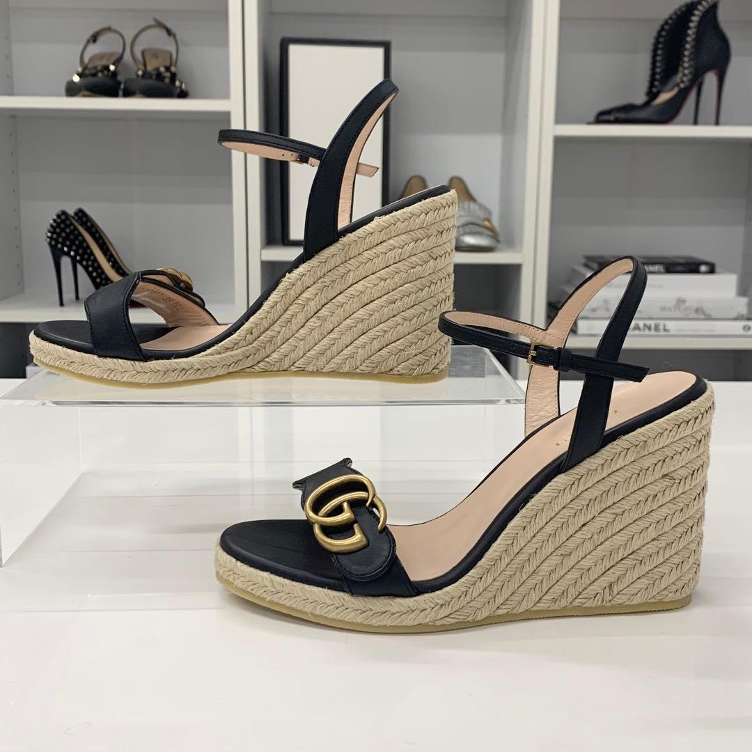 Gucci Leather Double G Wedge Sole Espadrille Sandals Black