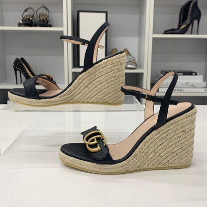 Gucci Leather Double G Wedge Sole Espadrille Sandals Black
