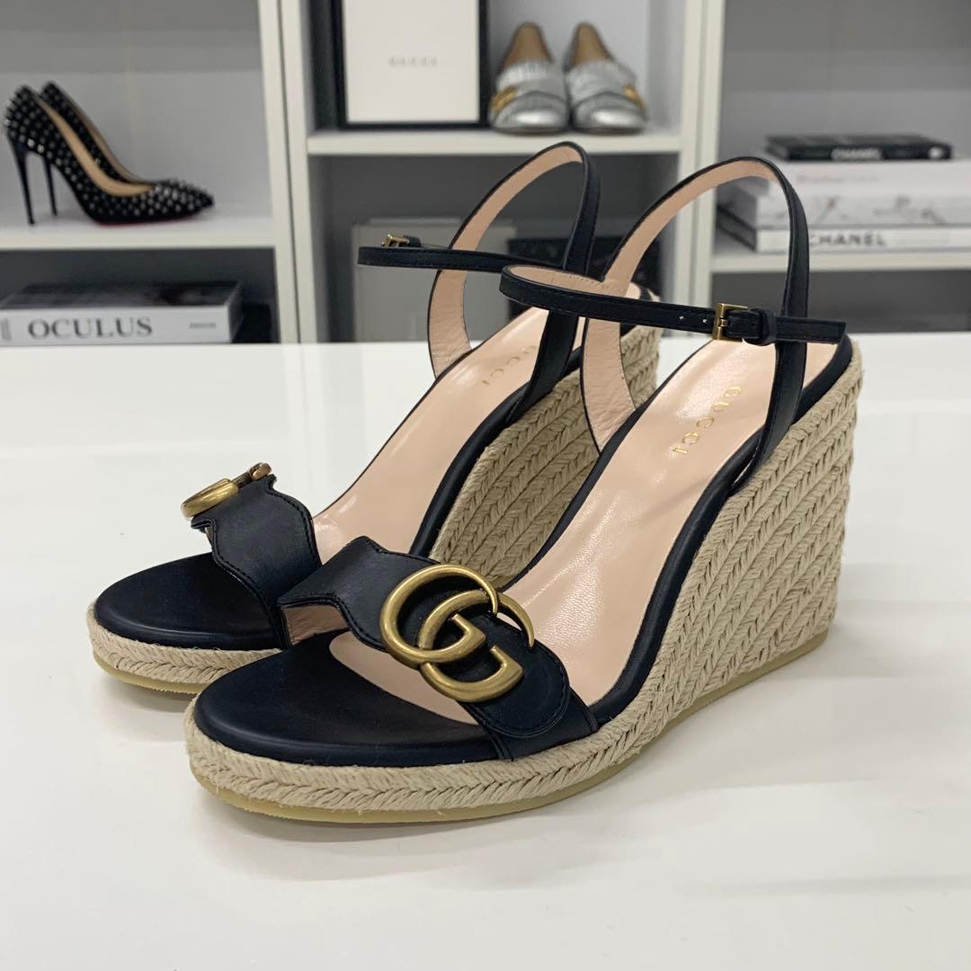 Gucci Leather Double G Wedge Sole Espadrille Sandals Black