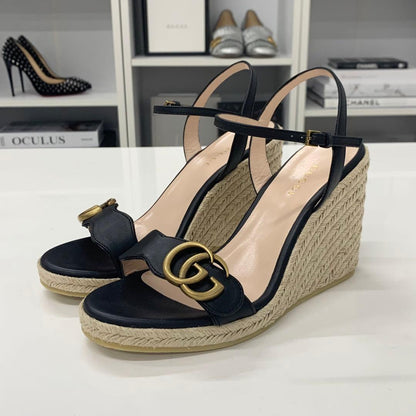 Gucci Leather Double G Wedge Sole Espadrille Sandals Black