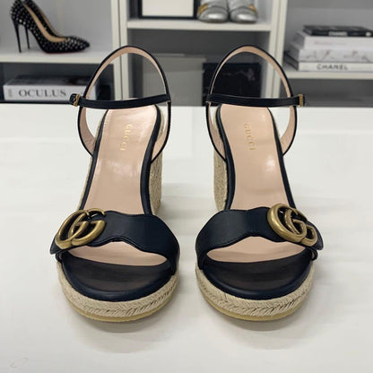 Gucci Leather Double G Wedge Sole Espadrille Sandals Black
