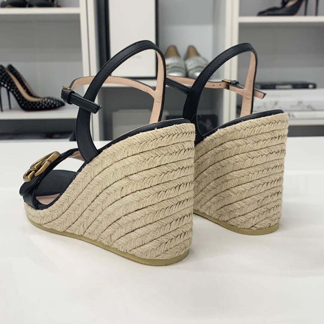 Gucci Leather Double G Wedge Sole Espadrille Sandals Black