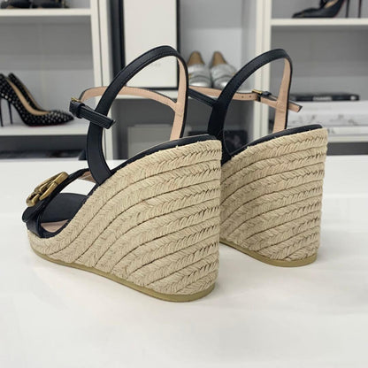Gucci Leather Double G Wedge Sole Espadrille Sandals Black