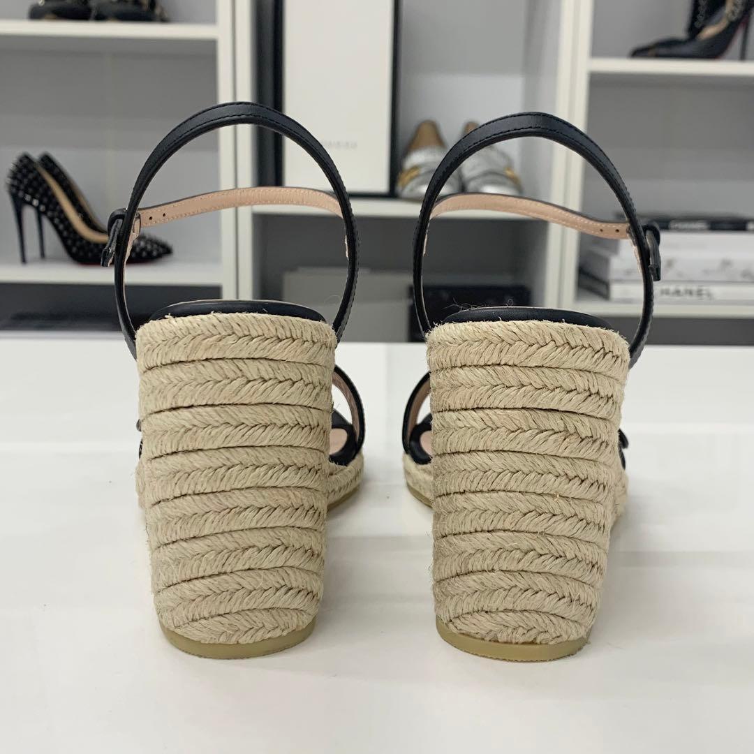 Gucci Leather Double G Wedge Sole Espadrille Sandals Black
