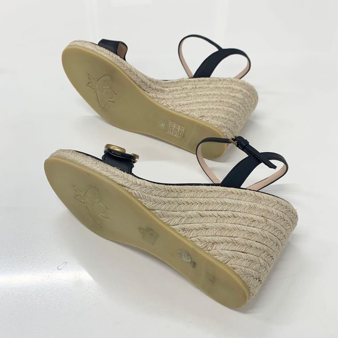 Gucci Leather Double G Wedge Sole Espadrille Sandals Black