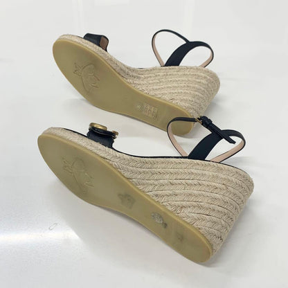 Gucci Leather Double G Wedge Sole Espadrille Sandals Black