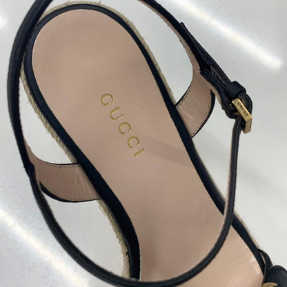 Gucci Leather Double G Wedge Sole Espadrille Sandals Black