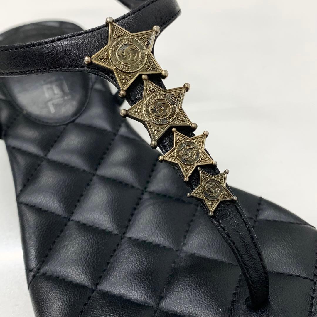 Chanel CC Logo Star Quilted Leather Thong Sandals Black — view 9