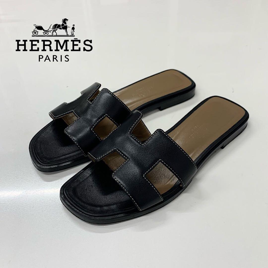 Hermes Oran Leather Sandals Black