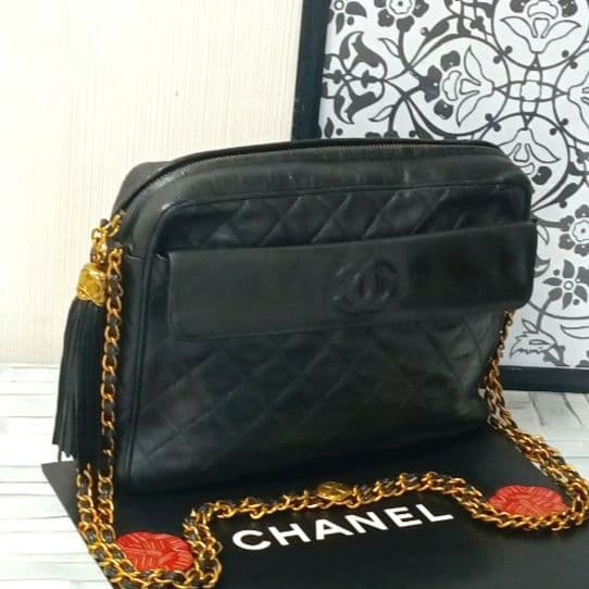 Chanel Quilted Chain Shoulder Lambskin Fringe Black