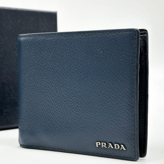 Prada Bifold Compact Leather Navy Wallet