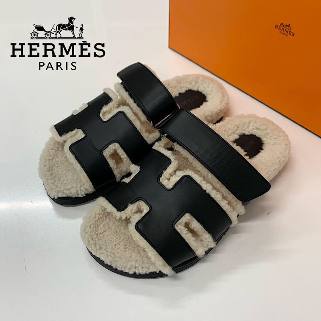 Hermes Chypre Leather Shearling Flat Sandals Black Ivory