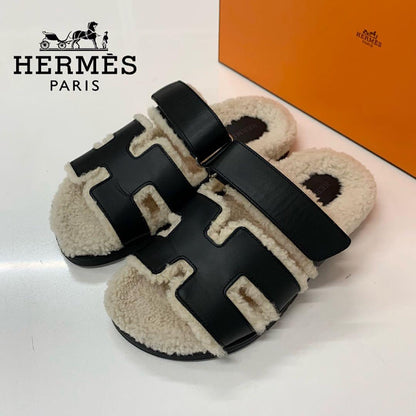 Hermes Chypre Leather Shearling Flat Sandals Black Ivory