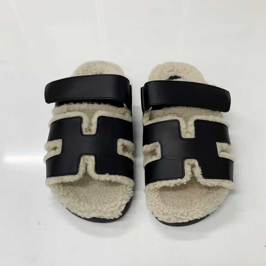 Hermes Chypre Leather Shearling Flat Sandals Black Ivory — view 2