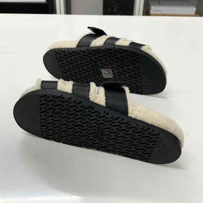 Hermes Chypre Leather Shearling Flat Sandals Black Ivory — view 6