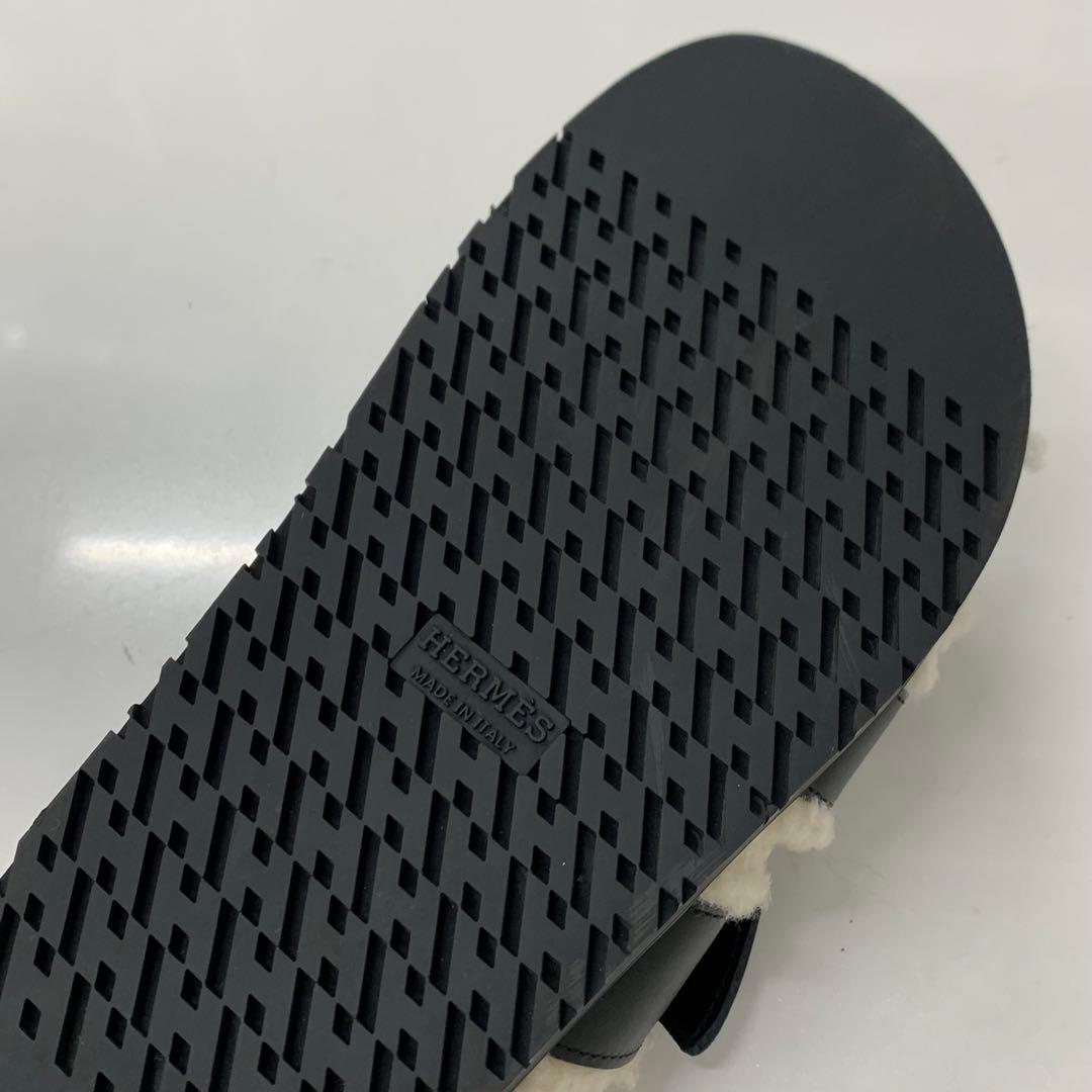 Hermes Chypre Leather Shearling Flat Sandals Black Ivory — view 8