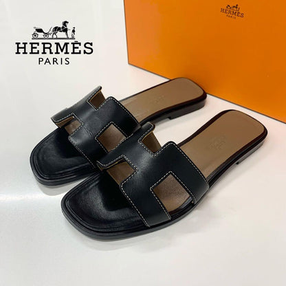 Hermes Oran Leather Sandals Black