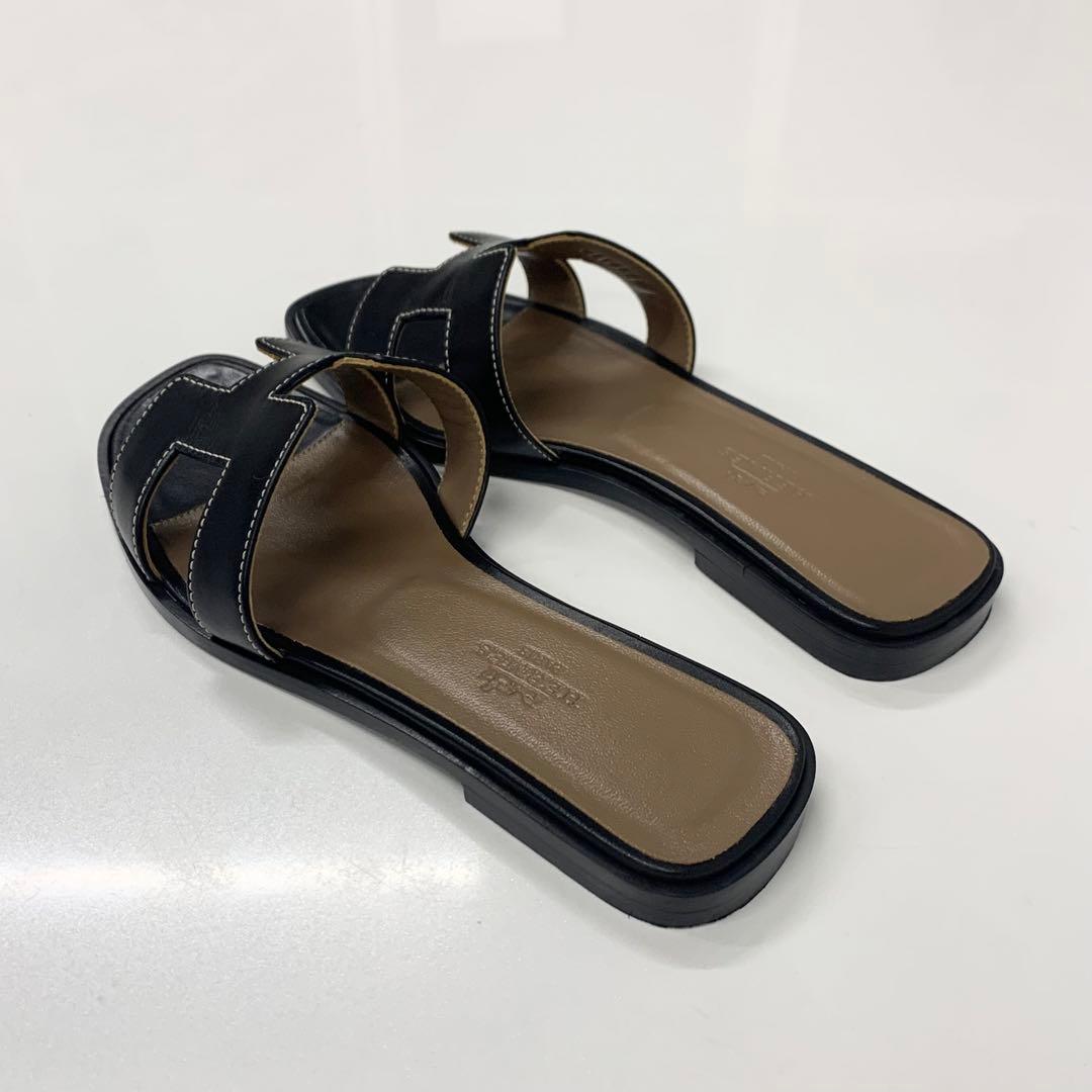 Hermes Oran Leather Sandals Black — view 4