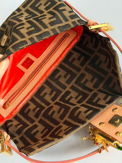 Fendi Baguette Zucca Pattern Flower Crystal Decorative Clasp Shoulder Bag — view 5