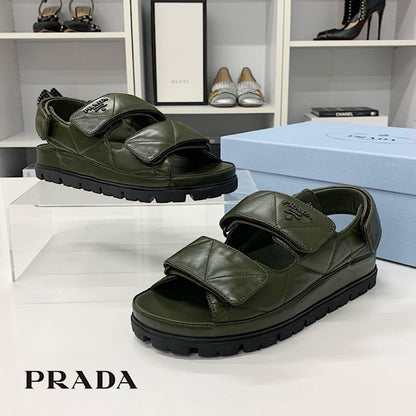 Prada Logo Padded Nappa Leather Velcro Sandals Khaki