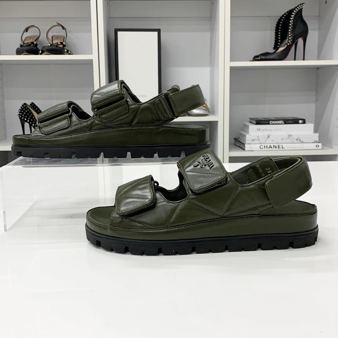 Prada Logo Padded Nappa Leather Velcro Sandals Khaki — view 2