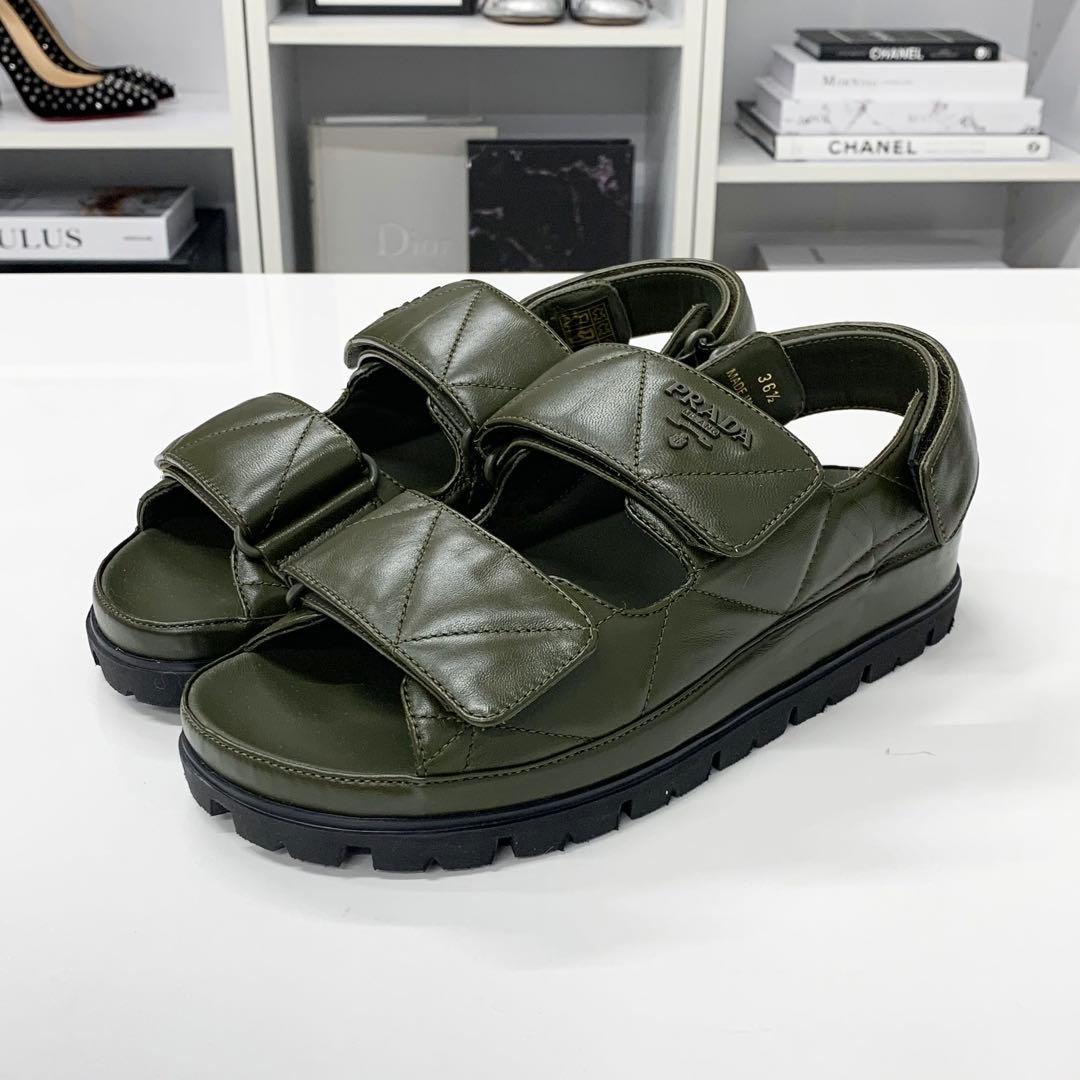 Prada Logo Padded Nappa Leather Velcro Sandals Khaki — view 3