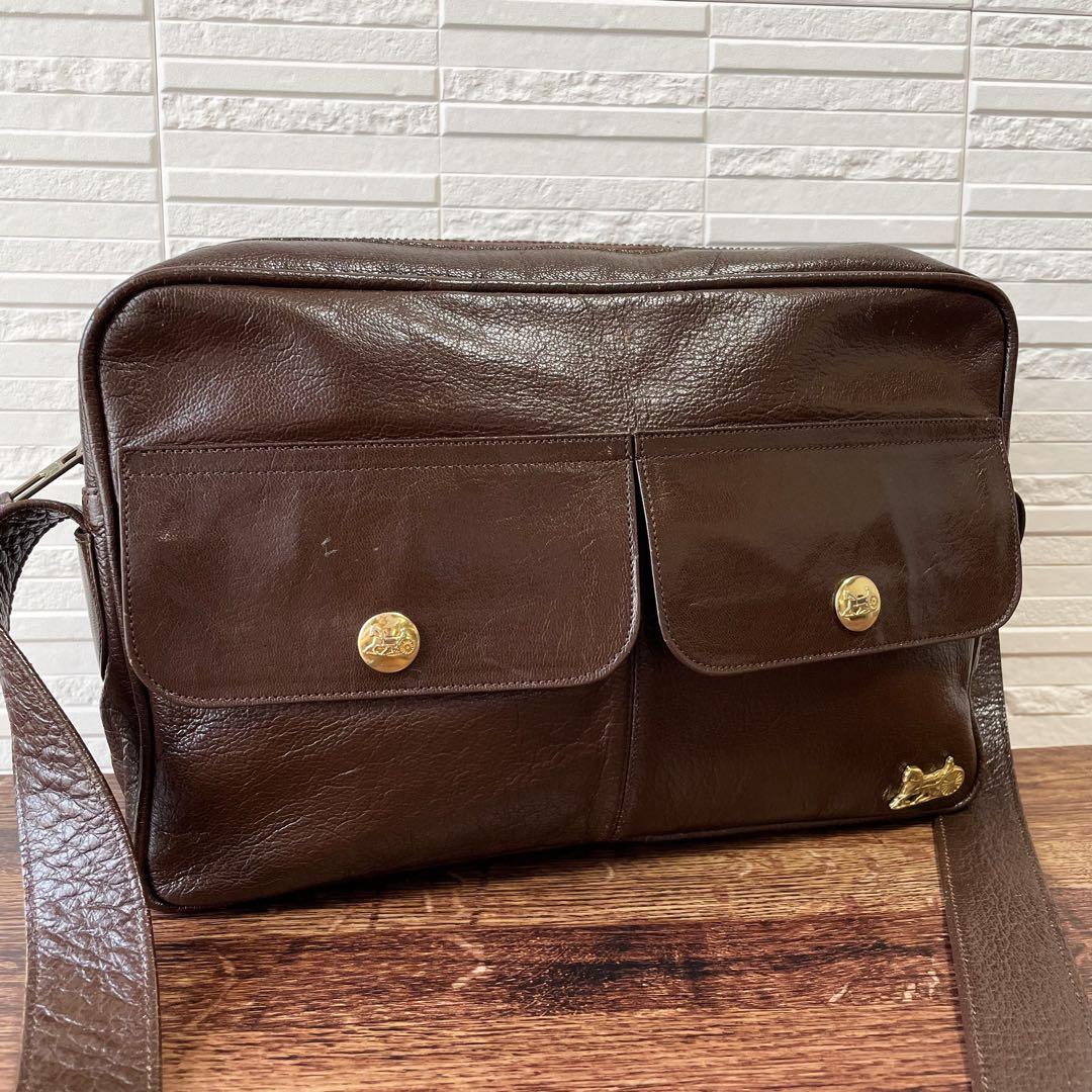 Celine Leather Carriage Logo Gold Shoulder Bag Brown