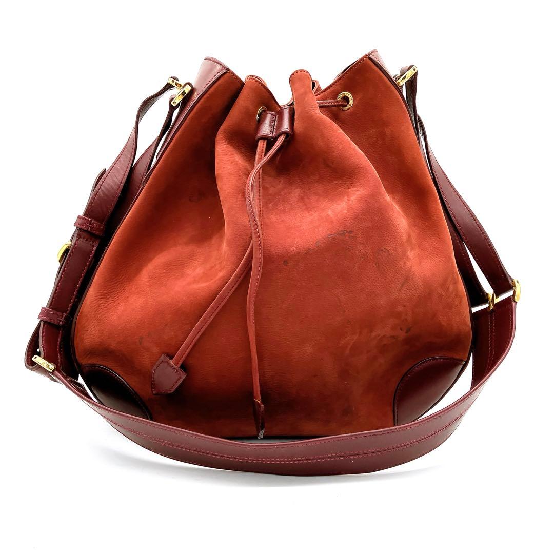 Gucci Shoulder Bag Suede Gold Hardware Red Drawstring