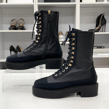Chanel Calfskin Cocomark Lace Up Short Boots Black