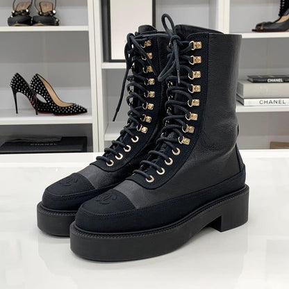 Chanel Calfskin Cocomark Lace Up Short Boots Black