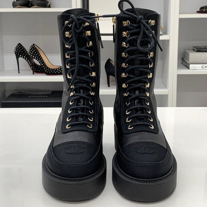 Chanel Calfskin Cocomark Lace Up Short Boots Black