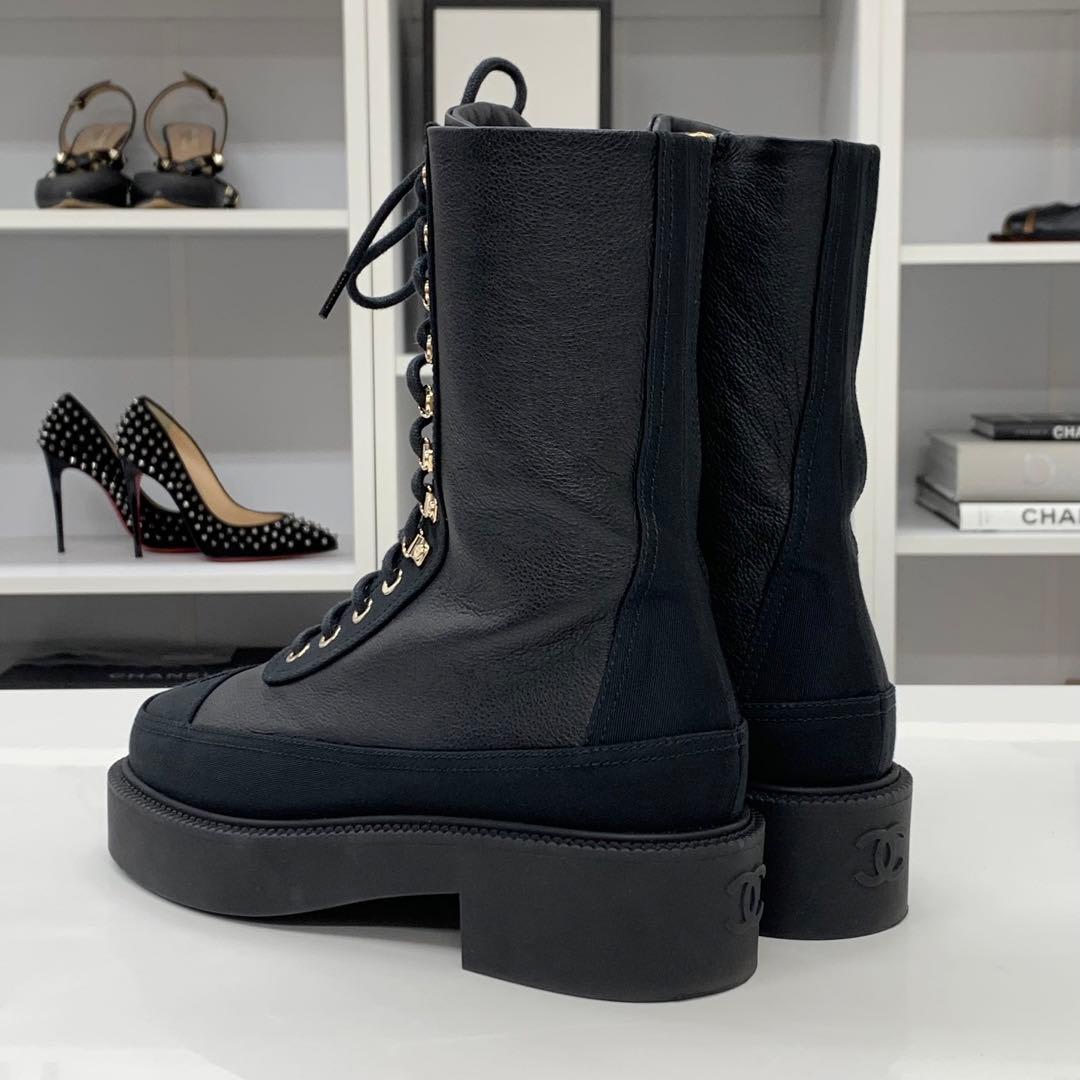 Chanel Calfskin Cocomark Lace Up Short Boots Black