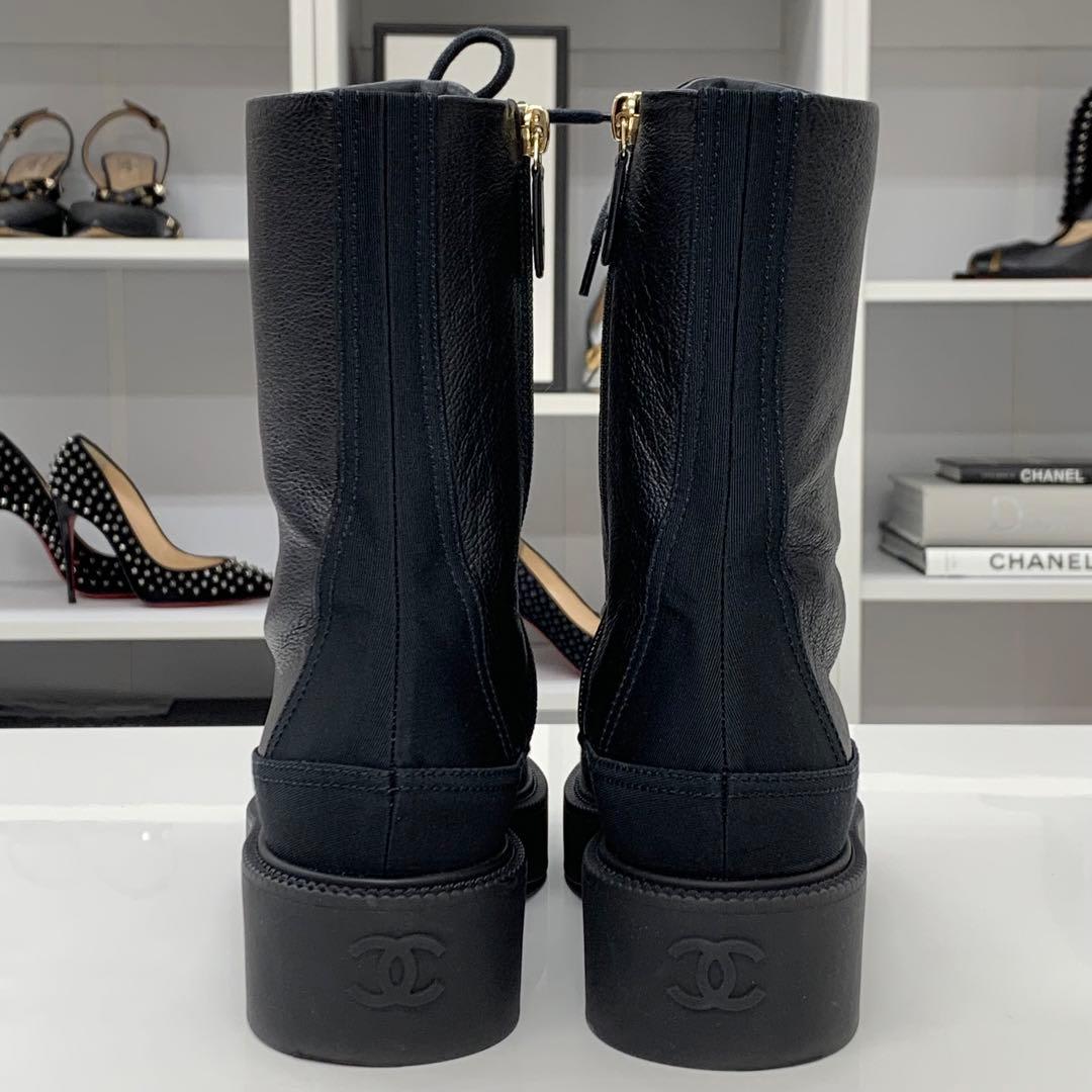 Chanel Calfskin Cocomark Lace Up Short Boots Black