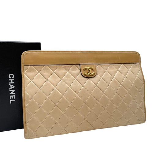 Chanel Lambskin Quilted CC Logo Clutch Beige