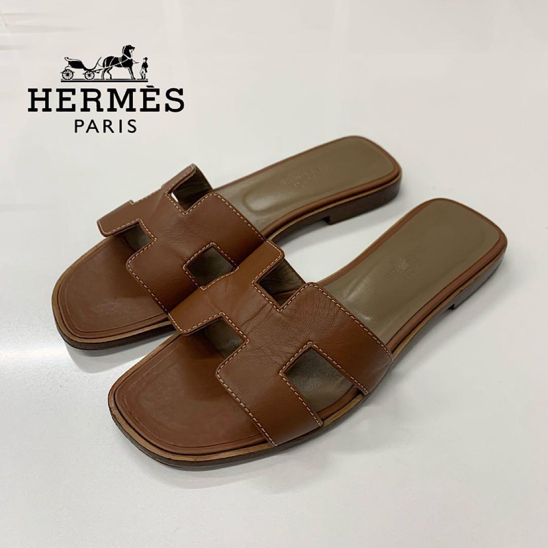 Hermes Oran Leather Sandals Brown