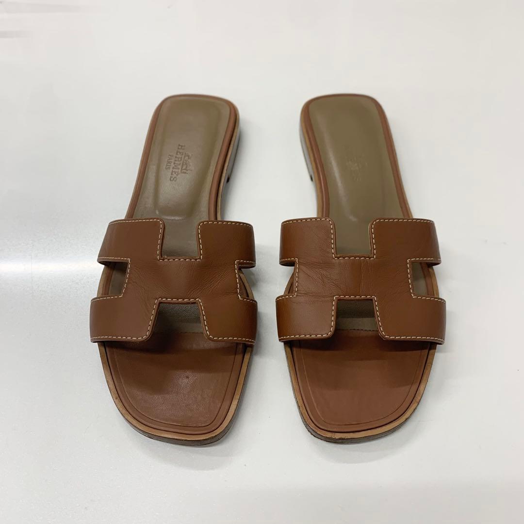 Hermes Oran Leather Sandals Brown — view 2