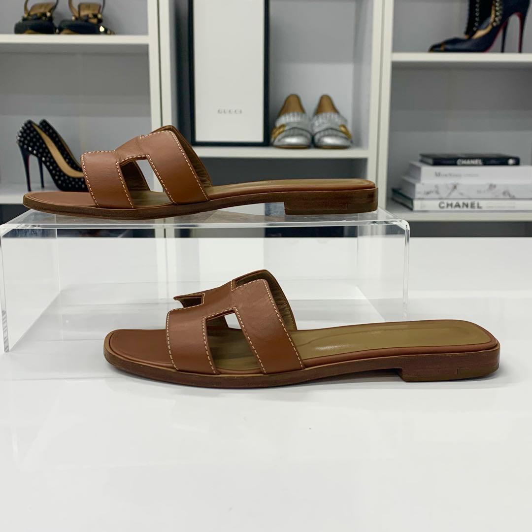 Hermes Oran Leather Sandals Brown — view 3