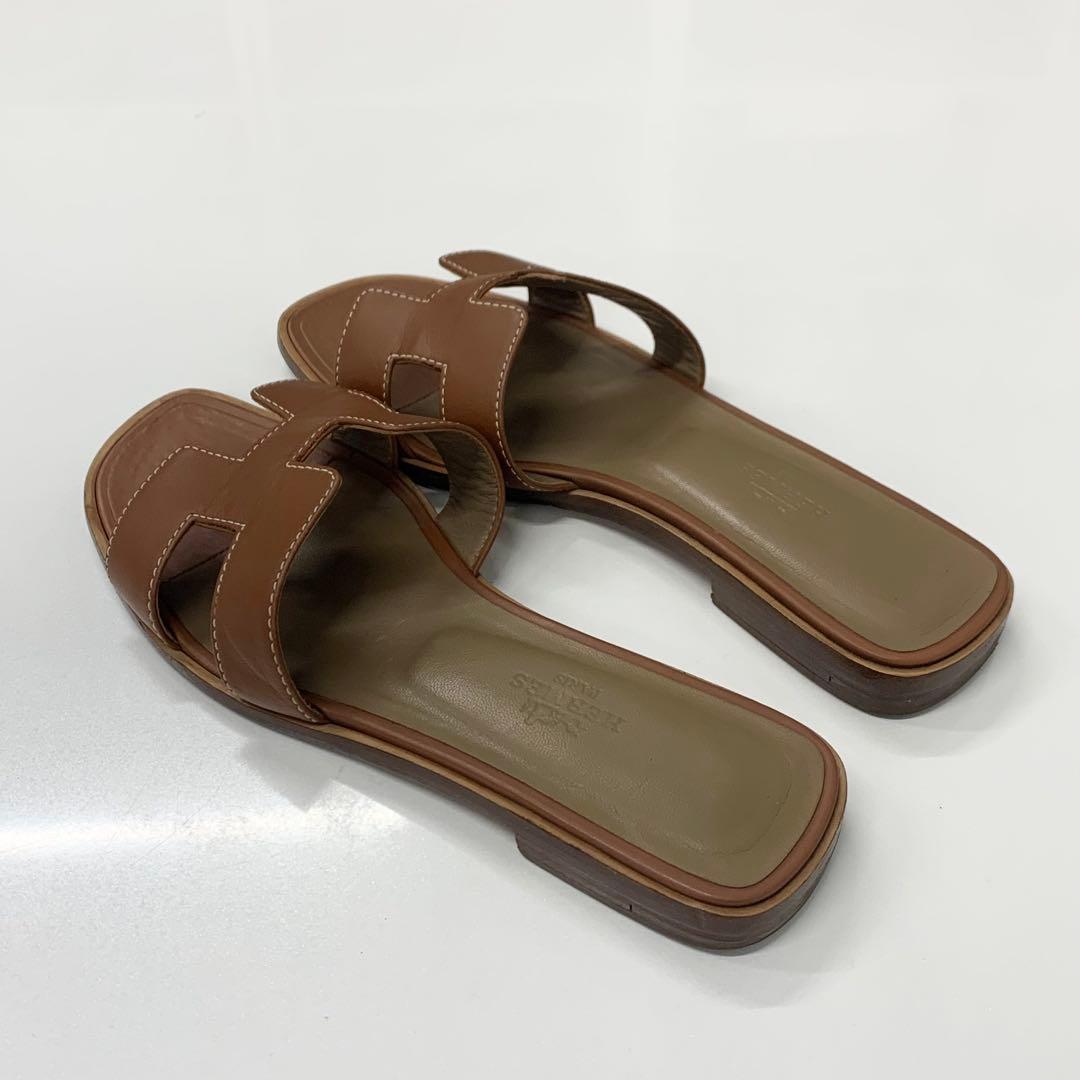 Hermes Oran Leather Sandals Brown — view 4