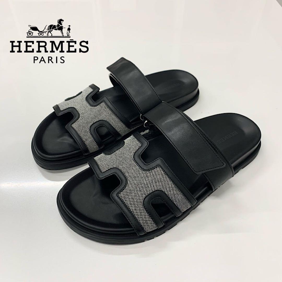 Hermes Chypre Leather Velcro Strap Flat Sandals