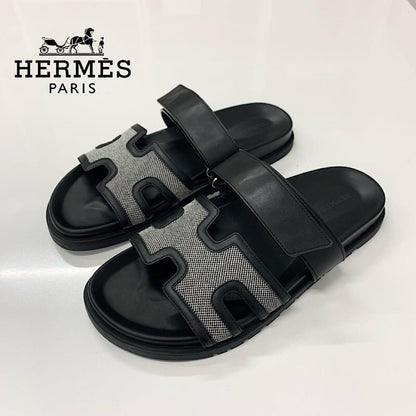 Hermes Chypre Leather Velcro Strap Flat Sandals