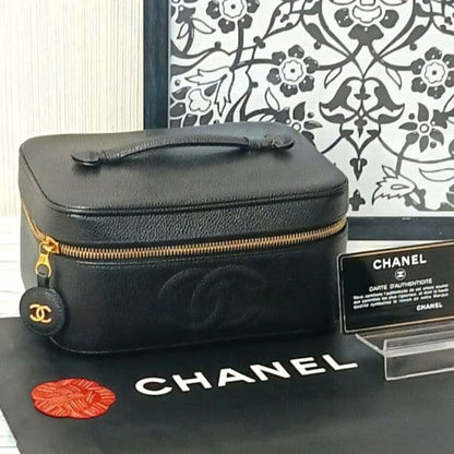 Chanel Vanity Caviar Leather Pouch Black Gold