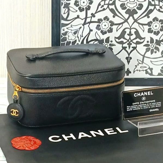 Chanel Vanity Caviar Leather Pouch Black Gold