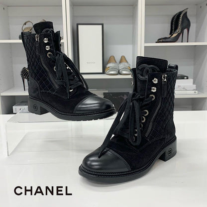 Chanel CC Logo Quilted Suede Short Boots Black