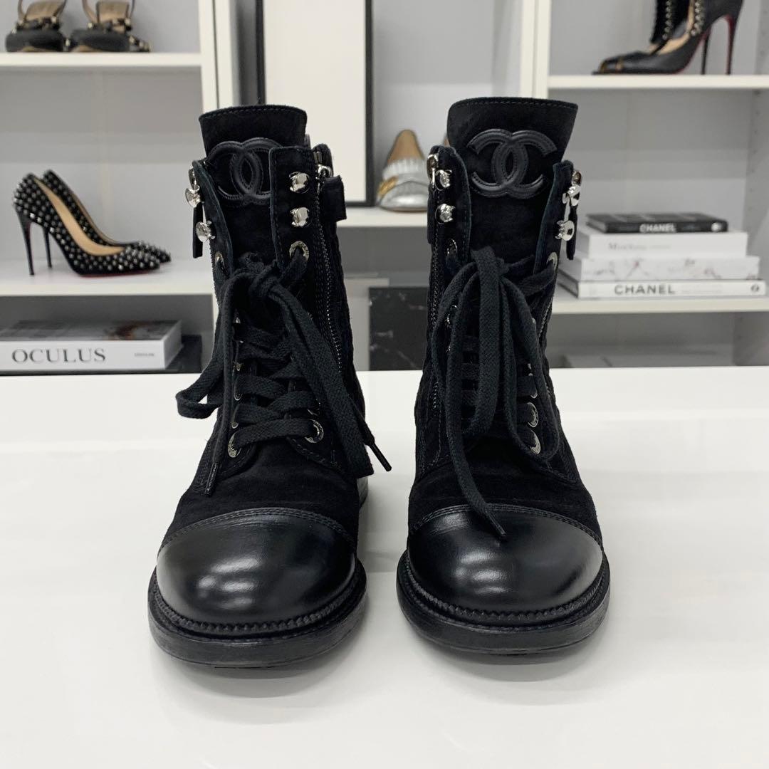 Chanel CC Logo Quilted Suede Short Boots Black — view 4
