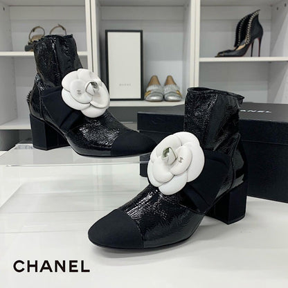 Chanel Camellia Ribbon CC Logo Patent Wrinkled Short Boots
