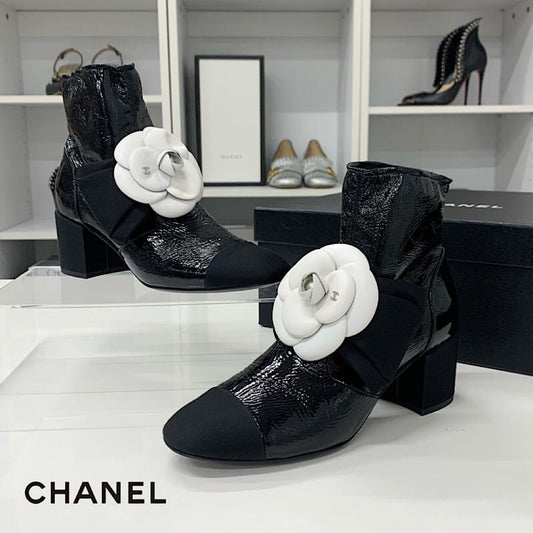 Chanel Camellia Ribbon CC Logo Patent Wrinkled Short Boots
