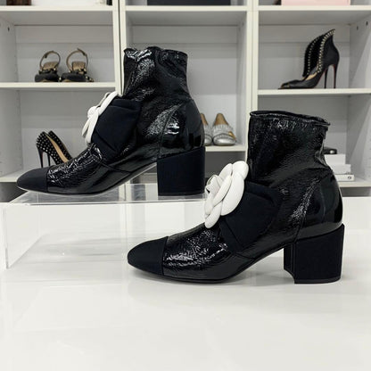 Chanel Camellia Ribbon CC Logo Patent Wrinkled Short Boots — view 2