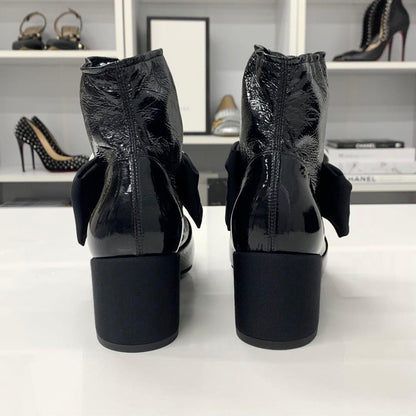 Chanel Camellia Ribbon CC Logo Patent Wrinkled Short Boots — view 6